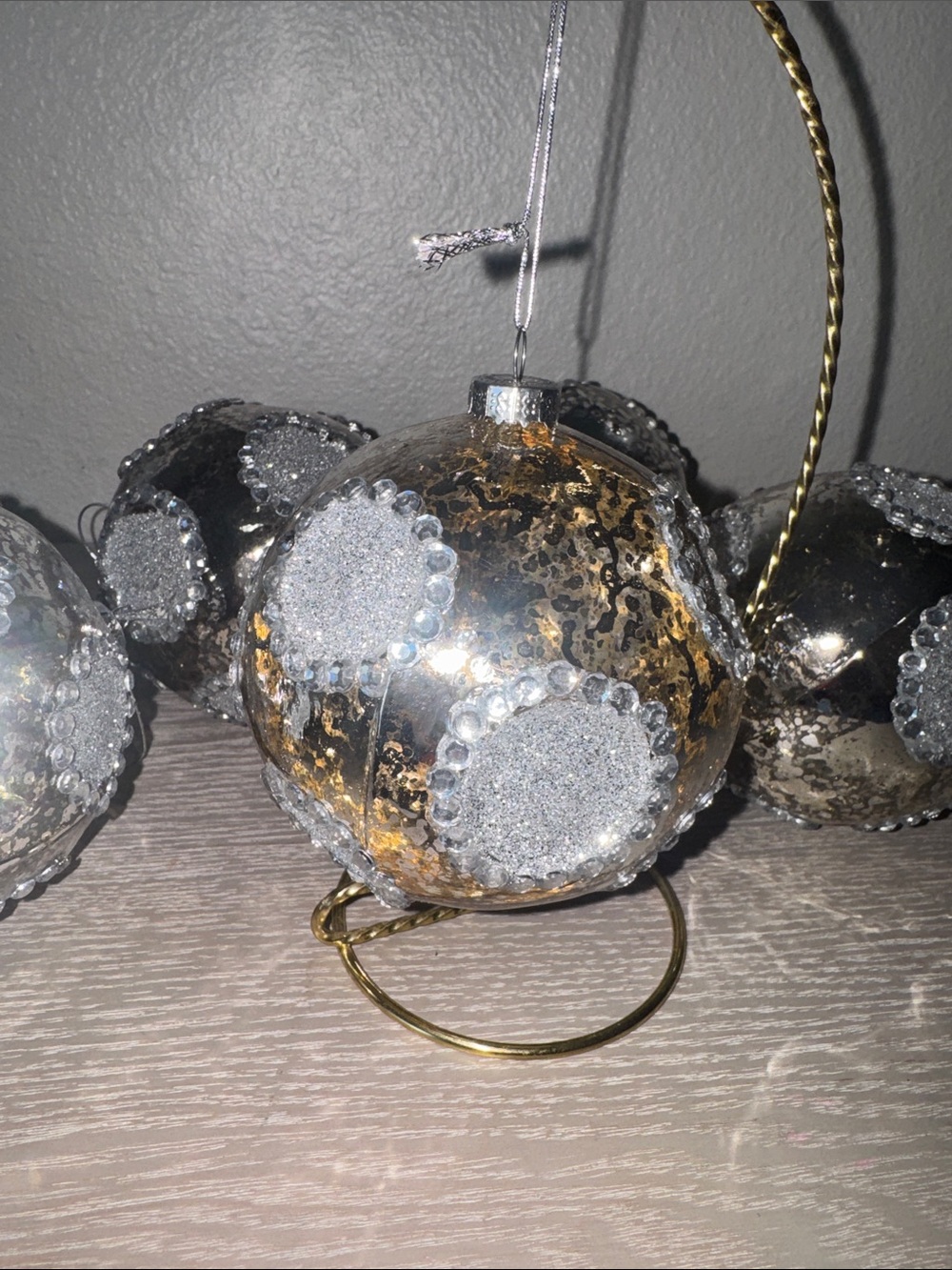 Silver mercury glass, Christmas ornament with beaded crystal set of 5